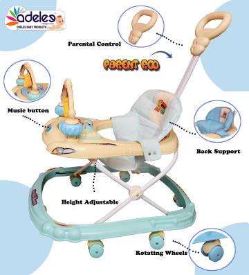 Odelee Green Noody Musical Baby Activity Walker with Adjustable Height and Parental Rod (6-18 M)