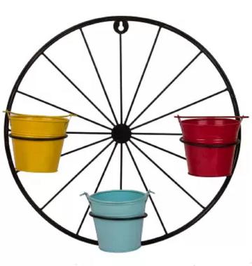 Eclectic Home Wall Hanging Metal Planter Pots with Wheel Shape Stand for Living Room Plant Container Set (Pack of 3, Metal)