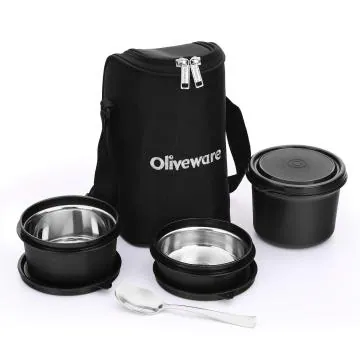 SOPL-OLIVEWARE Leak Proof Black Stainless Steel Lunch Box, Spoon with Bag - 1350 ml