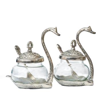 Style Homez TVASHTR ART, Kissing Duck Transparent Glass Bowl and Spoon Set of 2 Serving Bowls Silver color Plated Metal Statue Décor, Antique Finish Decorative Showpiece
