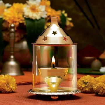 Anvi DECOR Premium Akhand Diya With Borosil Glass Cover / Table Deepak/ Oil Lamp Medium Size.
