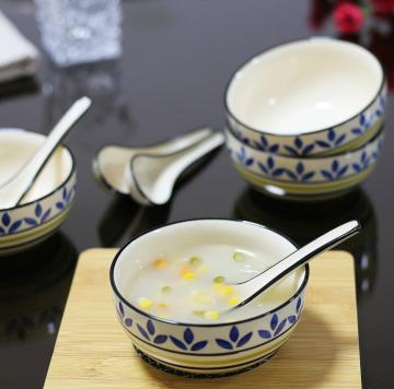 LA TABLEWARE Ceramic Soup Bowls with Spoon Hand Painted in Blue & Yellow (Set of 4)