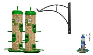 Skybeings Hanging Large Bird Feeder | Bird Cage | Bird Food | Bird Feeding Cage with Wall Mount Black Metal Stand 2 Piece_Green