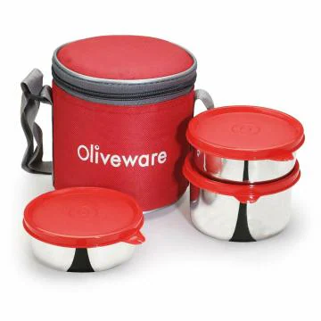 Oliveware Lovely Stylo Lunch Box| Stainless Steel Containers| Idle for Office Use| Insulated Fabric Bag| Leak Proof & Microwave Safe| Full Meal & Easy to Carry - Red