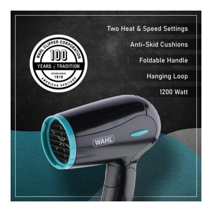 Wahl 1200 Watts Hair Dryer with 2 Heat Settings, Black, WCHD4-1124 - JioMart