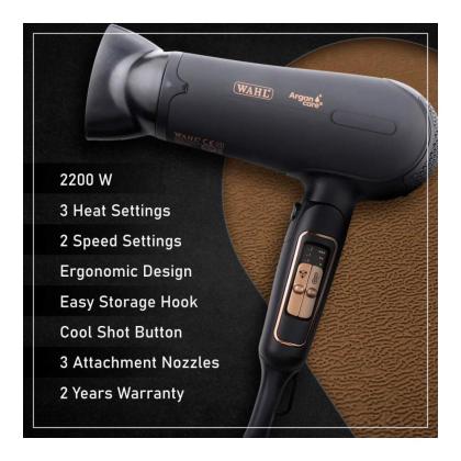 Wahl Argan Oil Infused Hair Dryer with Ultra Portable and Foldable Design,  Black, WCHD8-1324 - JioMart