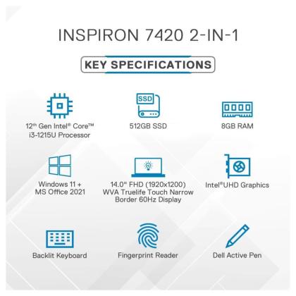 Dell Inspiron 7420 Convertible Laptop (12th Gen Intel Core i3-1215U/8  GB/512 GB SSD/Windows 11 Home/MSO/FHD+),  cm (14 Inch) - JioMart