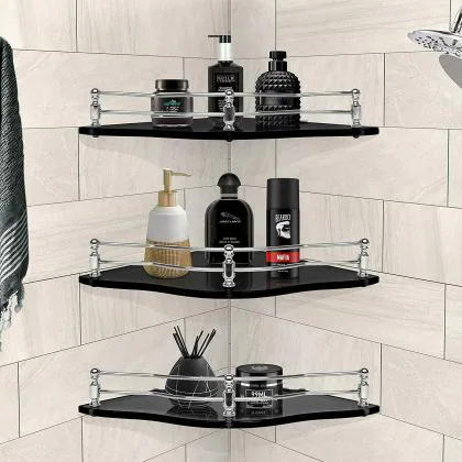 Plantex Premium Flower Black Glass Corner Shelf for Bathroom/Kitchen ...