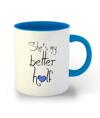 Whats Your Kick Couple Theme She is My Better Half and He is My Other Half  Design Printed Red and Sky Blue Ceramic Set of 2 Coffee and Tea Mug 325 ML  - JioMart