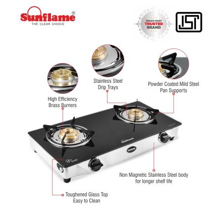 sunflame diamond glass top 2 burner gas stove