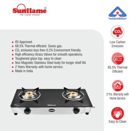 sunflame diamond glass top 2 burner gas stove