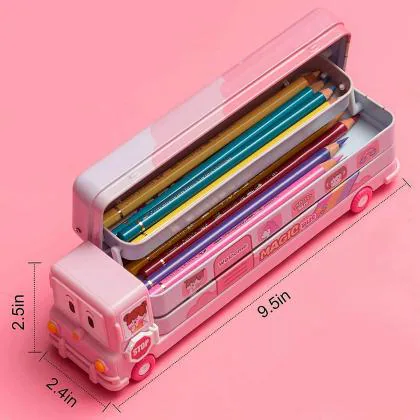 MS Little Finger School Bus Pencil Box Geometry Box with Sharpener Cartoon  Printed Dual Compartment Space