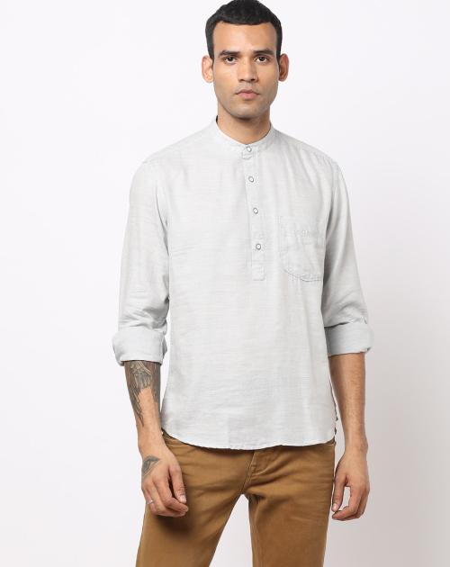 Men Textured Slim Fit Shirt with Mandarin Collar