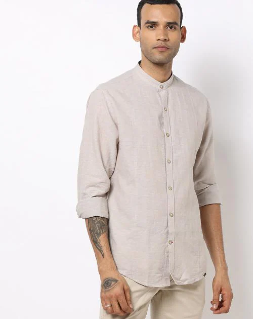 Slim Fit Linen Shirt with Mandarin Collar