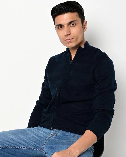 Knitted Zip-Front Cardigan with Ribbed Hems