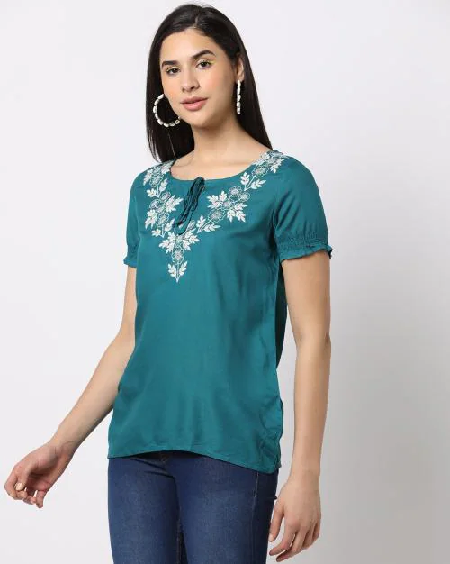 Embroidered Round-Neck Top