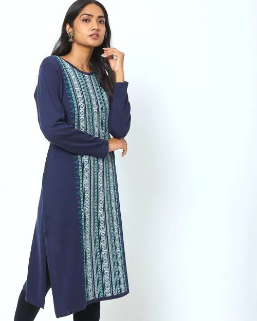 Acrylic Geometric-Knit Straight Winter Kurta