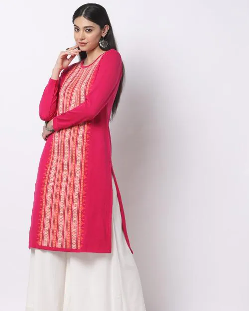 Acrylic Intarsia-Knit Straight Winter Kurta