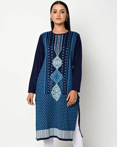 Acrylic Intarsia-Knit Straight Winter Kurta