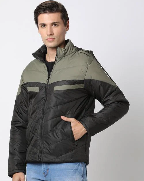 Colourblock Zip-Front Hooded Bomber Jacket