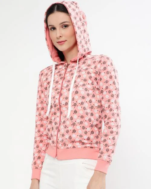 Floral Print Zip-Front Hoodie