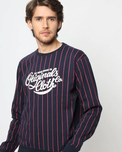 Striped Crew-Neck Sweatshirt with Logo Print