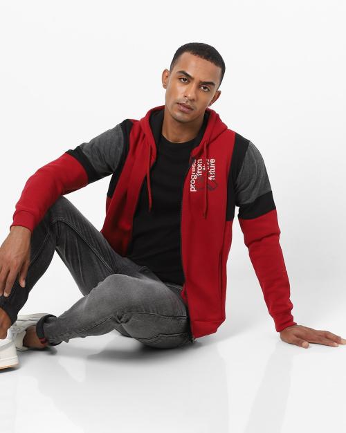 Typographic Print Zip-Front Hoodie with Contrast Sleeve Panels