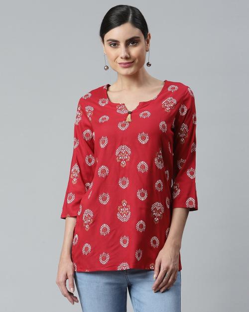 Floral Print Notched-Neck Straight Kurti