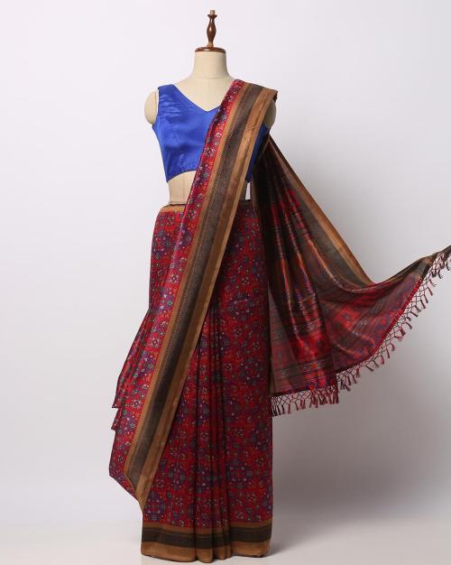 Floral Print Art Silk Saree with Tassels