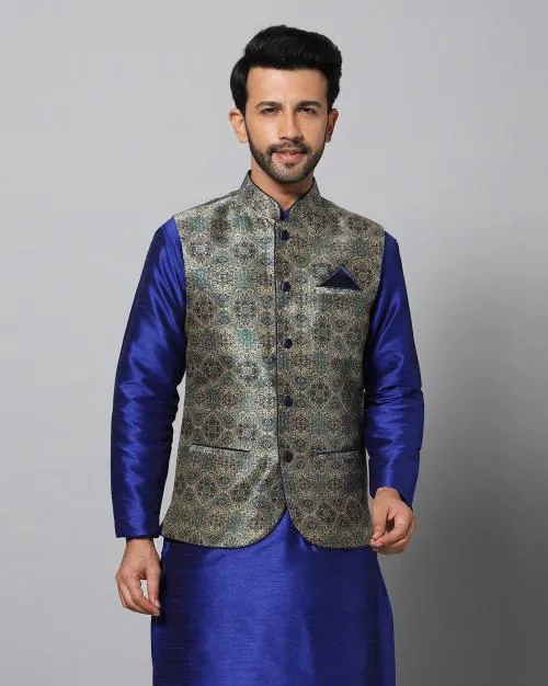 Ceremonial Print Nehru Jacket with Welt Pocket
