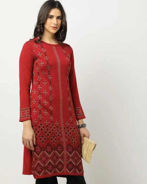Front Jaquard Flat Knit Winter Straight Kurtas