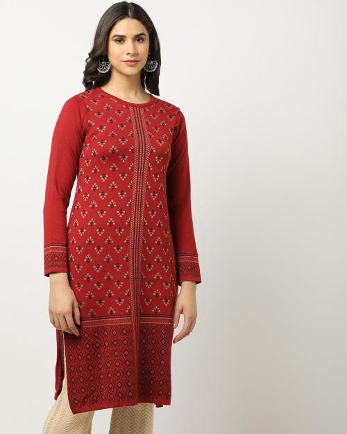 Front Jaquard Flat Knit Winter Straight Kurtas