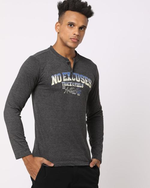 Typographic Print Slim Fit Henley-Neck T-Shirt