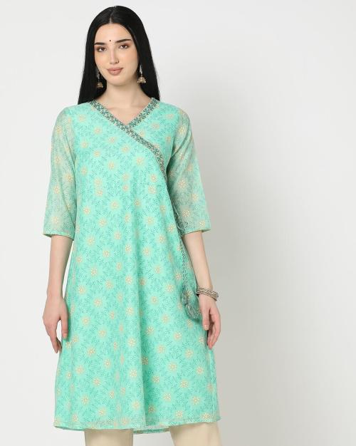 Printed Angrakha Kurta with Tie-Up