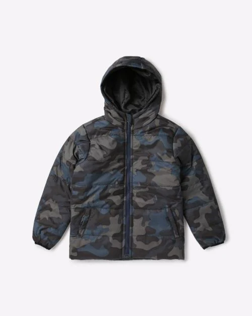 Camouflage Print Zip-Front Hooded Jacket