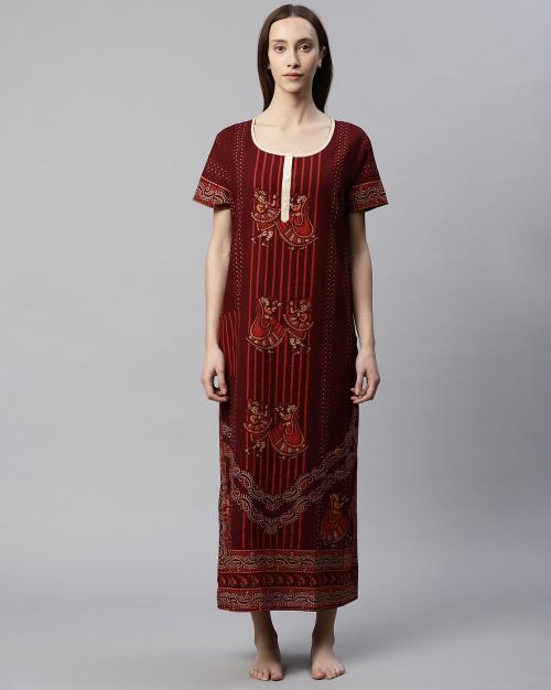 Indian Print Round-Neck Nightie with Pocket