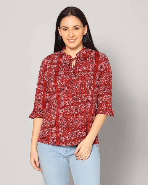 Paisley Print Top with Bell Sleeves