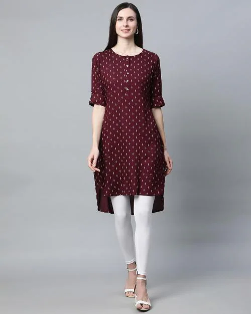 Printed Straight Kurta with High-Low Hem