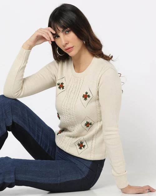 Floral Embroidered Regular Fit Sweater