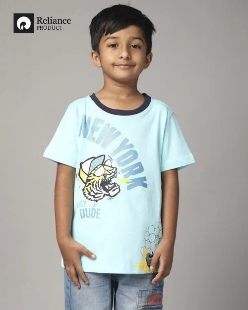 Boys Typographic Print Relaxed Fit Round-Neck T-Shirt