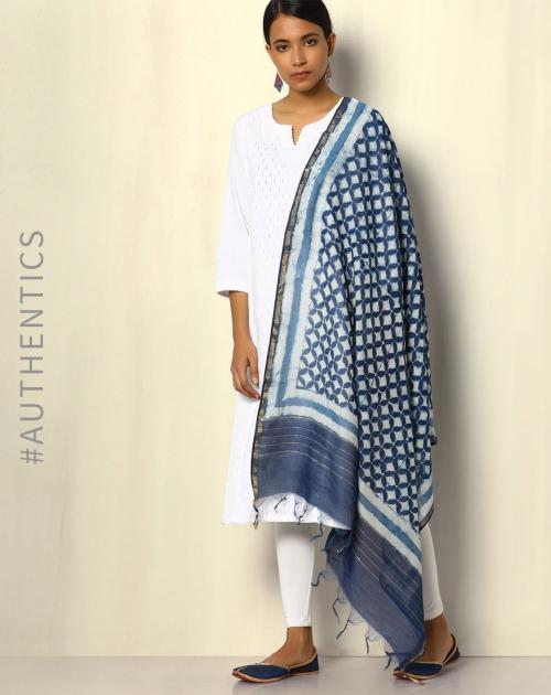 Dabu Handblock Print Indigo Chanderi Silk Cotton Dupatta