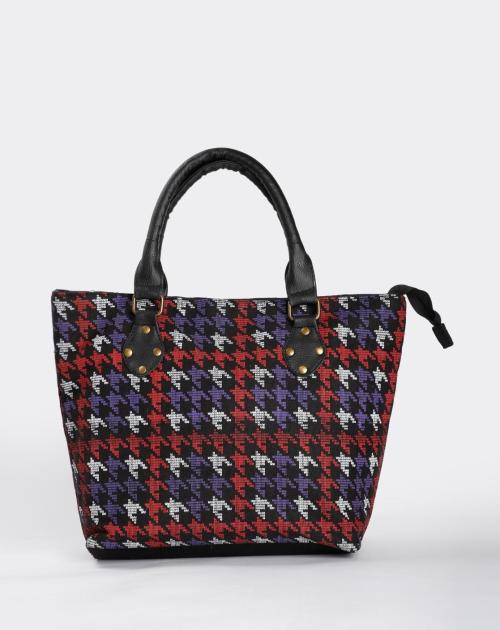Houndstooth-Woven Tote Bag with Rope Handles