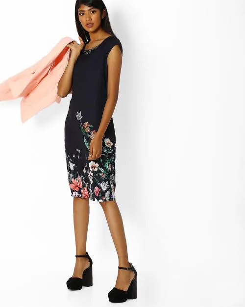 Floral Print Shift Dress with Embellished Neck