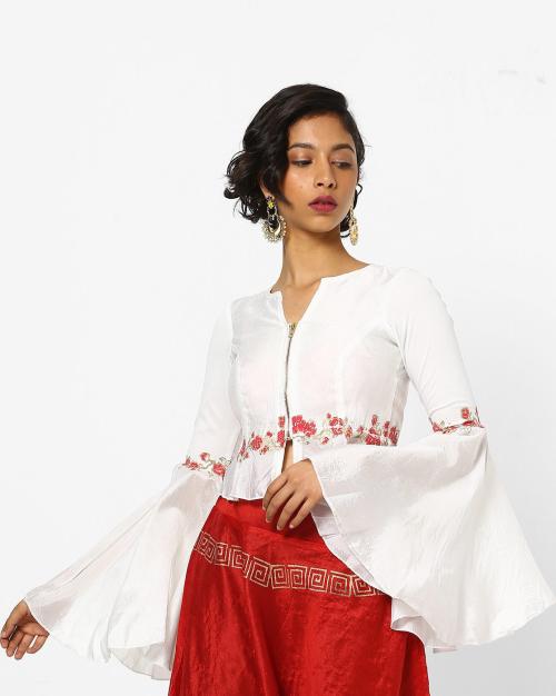 Floral Print Peplum Jacket with Flounce Sleeves