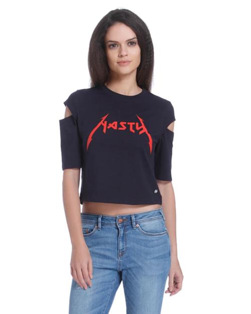 Cropped Round-Neck T-shirt with Cutouts