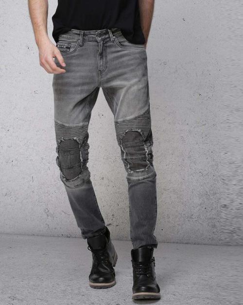 Mid-Wash Tapered Jeans with Biker Panels