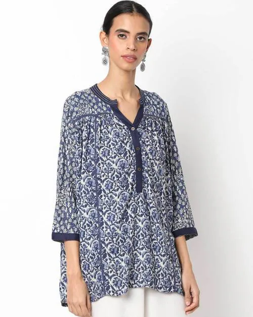 Floral Print Tunic with Notched Neckline