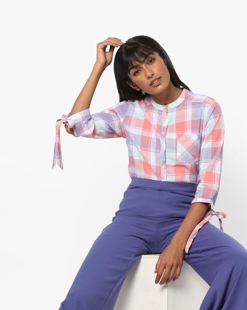 Checked Shirt with Tie-Up Sleeves
