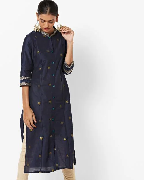 Woven-Design Straight Kurta with Mandarin Collar