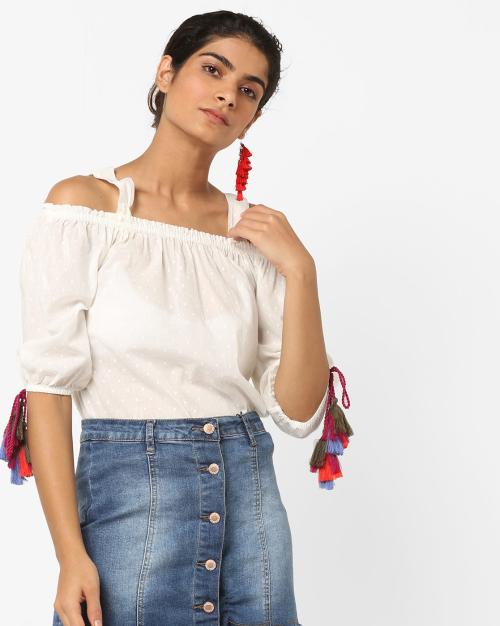 Cold-Shoulder Top with Tassel Tie-Ups